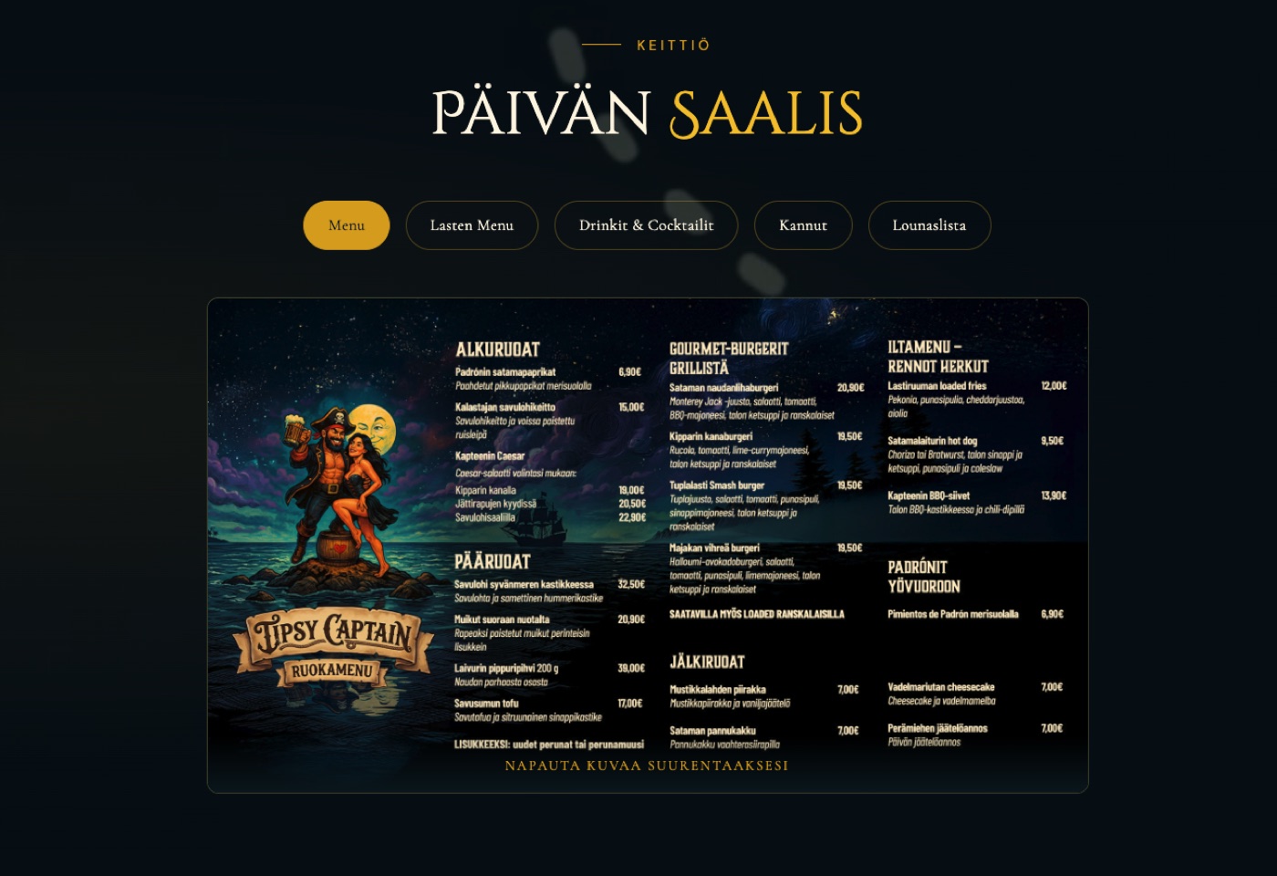 Tipsy Captain menu